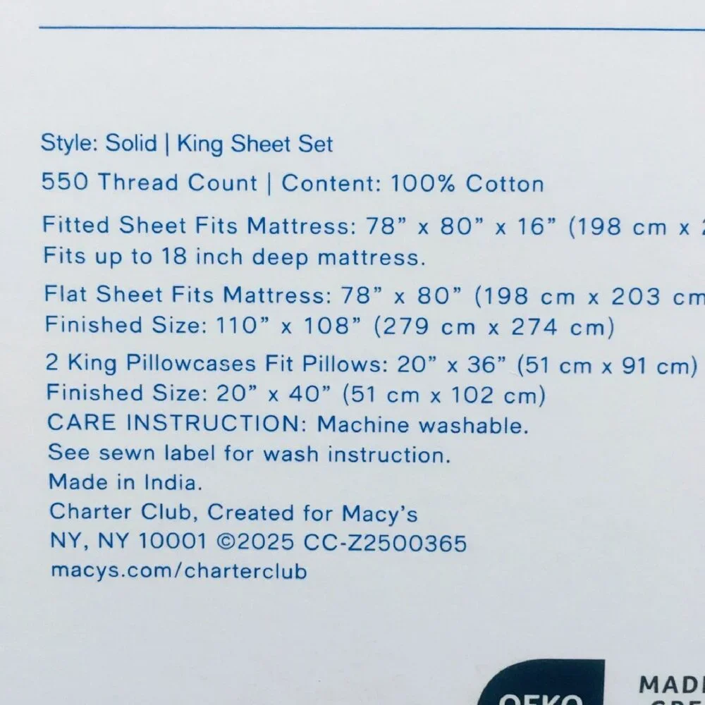 2 Charter Club Damask SOLID 550 TC Cotton KING Sheet Sets = SMOKE + NAVY PEONY